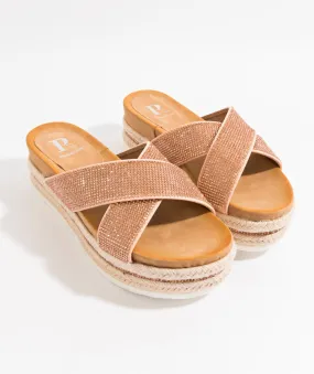 Tan Rhinestone Embellished Slip-On Sandals with Wedged Sole